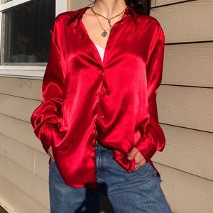 Red satin / silk vintage button down blouse!